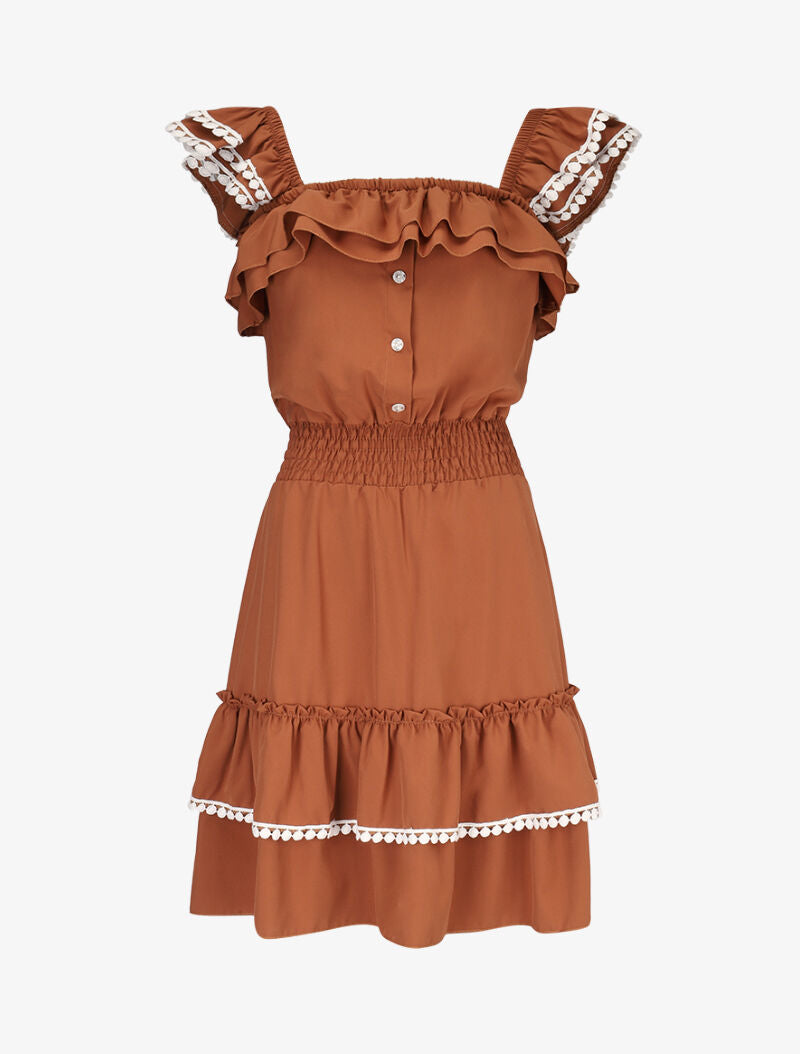 Robe unie à bretelles volantées - camel - 3