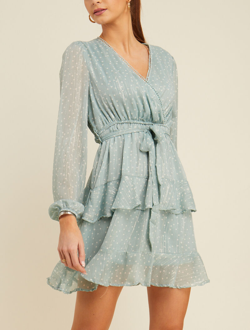 Robe courte à volants superposés imprimé pois - turquoise - 1