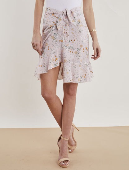 Jupe fleurie style portefeuille - rose - 1