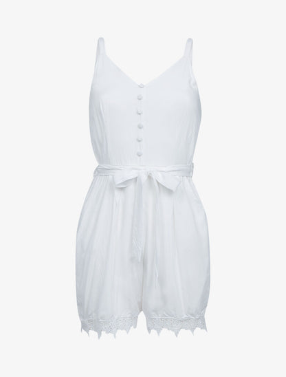 Combishort fluide en coton à bord dentelle - blanc - 3