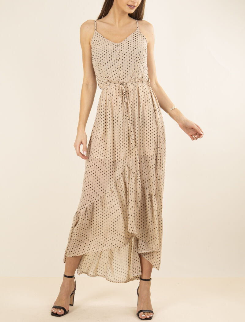 Robe longue à volant imprimé losanges - beige - 1