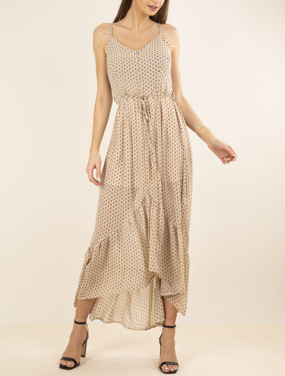 Robe longue à volant imprimé losanges - beige - 1