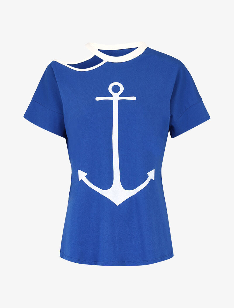 T-shirt floqué et encolure à découpe - bleu roi - 1