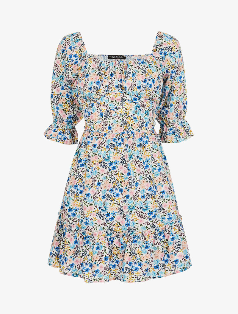 Robe fleurie à poitrine soulignée - bleu - 1