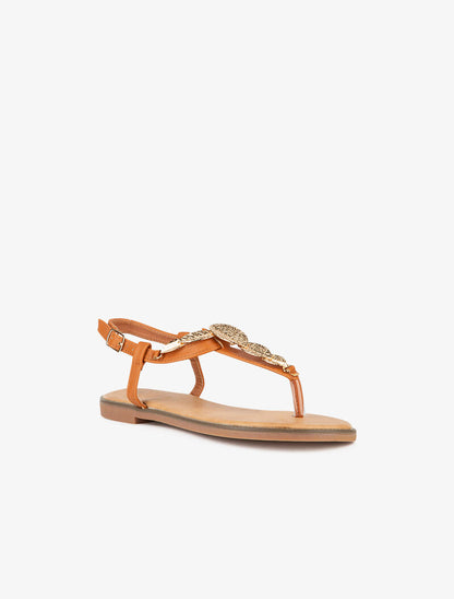 Nu-pieds ornés de feuilles dorées - camel - 2