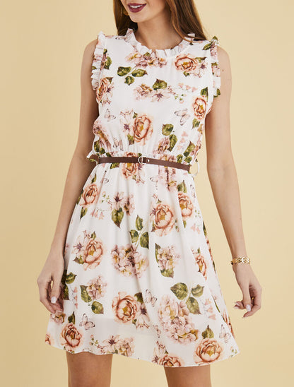 Robe imprimé fleurs à col et manches volantées - blanc - 1