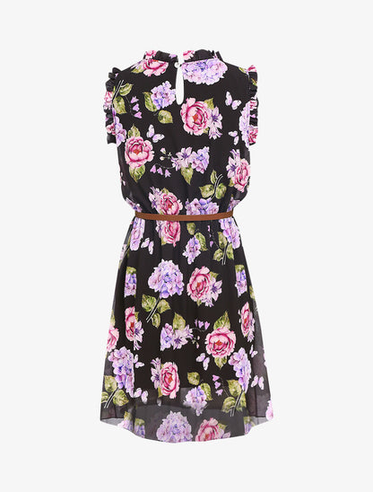 Robe imprimé fleurs à col et manches volantées - noir - 2