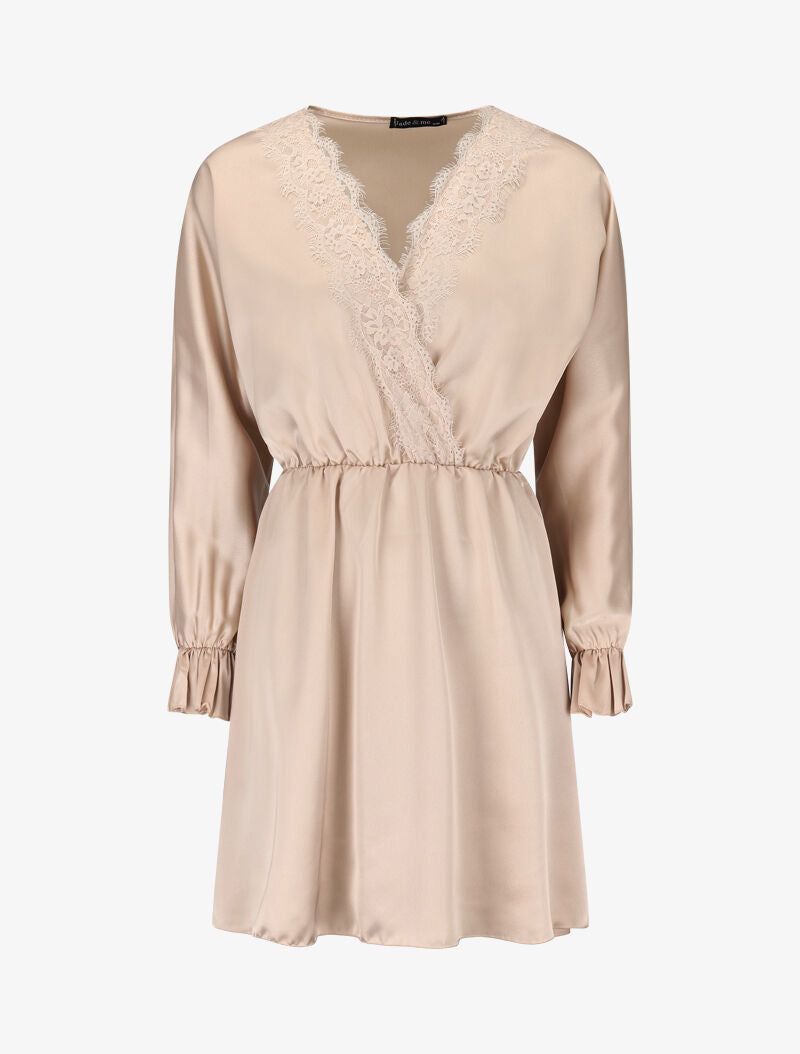 Robe satinée à décolleté dentelle - beige - 3