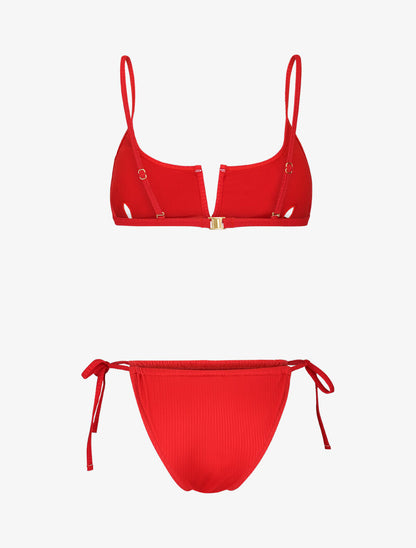 Bikini brassière côtelé à échancrure en V - rouge - 2