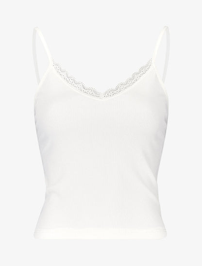 Débardeur court côtelé à encolure dentelle - blanc - 1