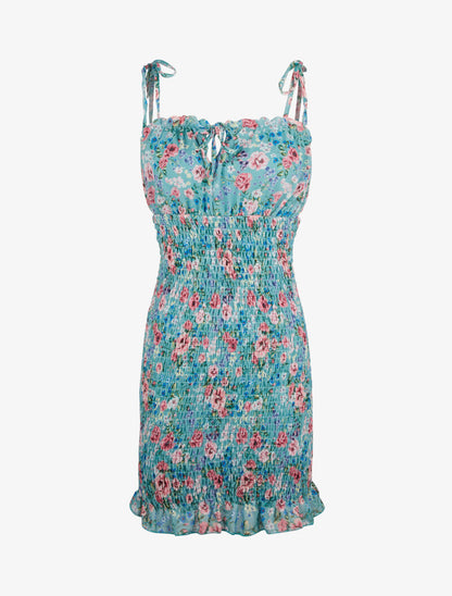 Robe élastiquée imprimé fleuri - vert menthe - 1