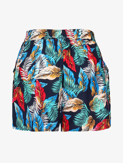 Short fluide imprimé feuilles colorées - marine - 2