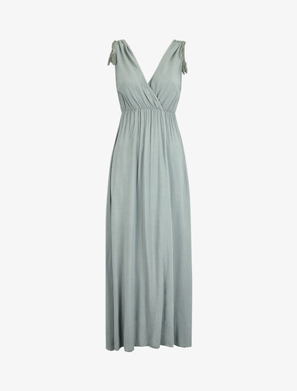 Robe longue à bretelles et pampilles - kaki - 3