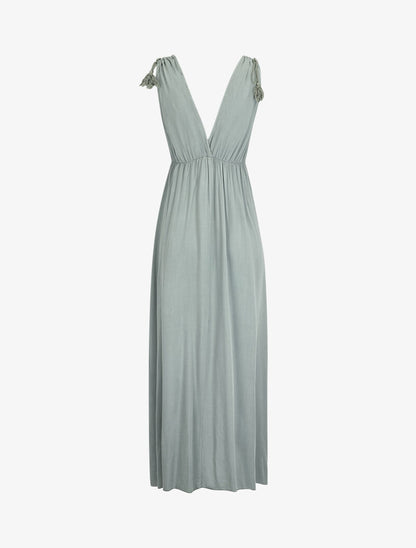 Robe longue à bretelles et pampilles - kaki - 2