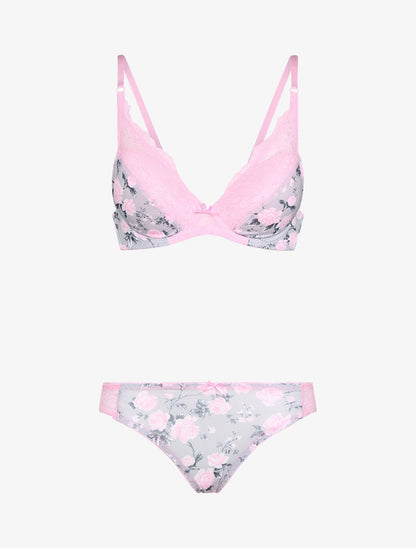 Ensemble imprimé fleurs et dentelle - rose - 1