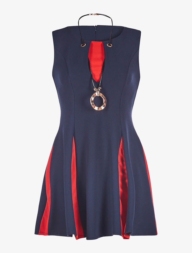 Robe bicolore et sautoir - marine et rouge - 1