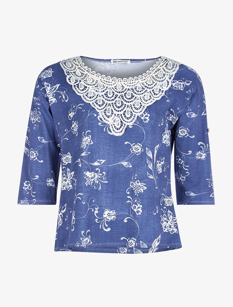 Top plastron dentelle - bleu - 1