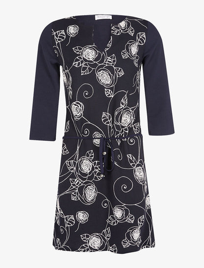 Robe droite brodée col V - marine - 3