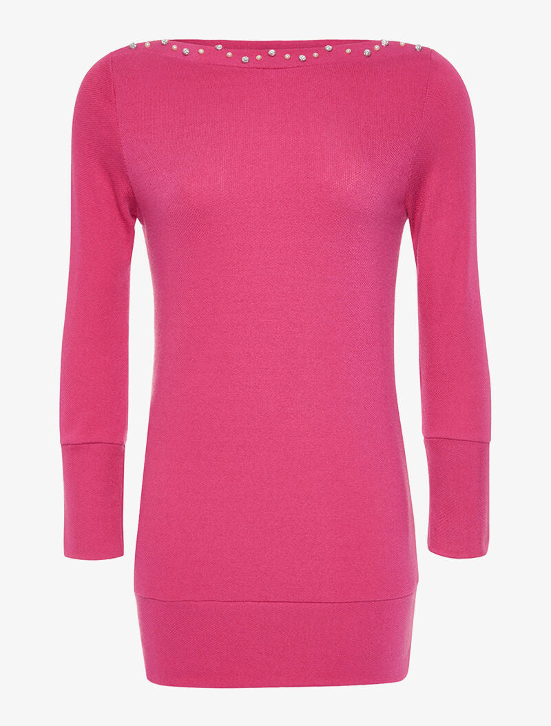 Robe-pull col à perles strassées - fushia - 1