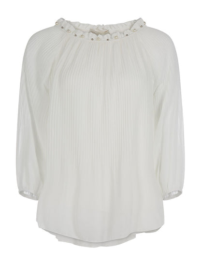 Top voile plissé col perlé - blanc - 1