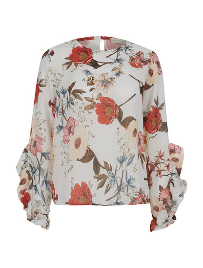 Top imprimé manches froufrou - blanc - 1