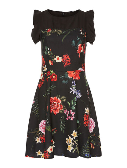 Robe fleurie épaules volantées - noir - 3