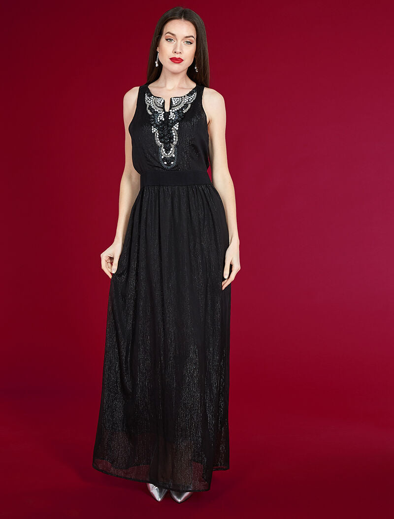 Robe longue plastron bijoux - noir - 1