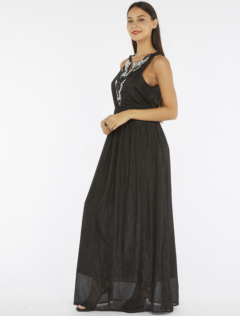 Robe longue plastron bijoux - noir - 5