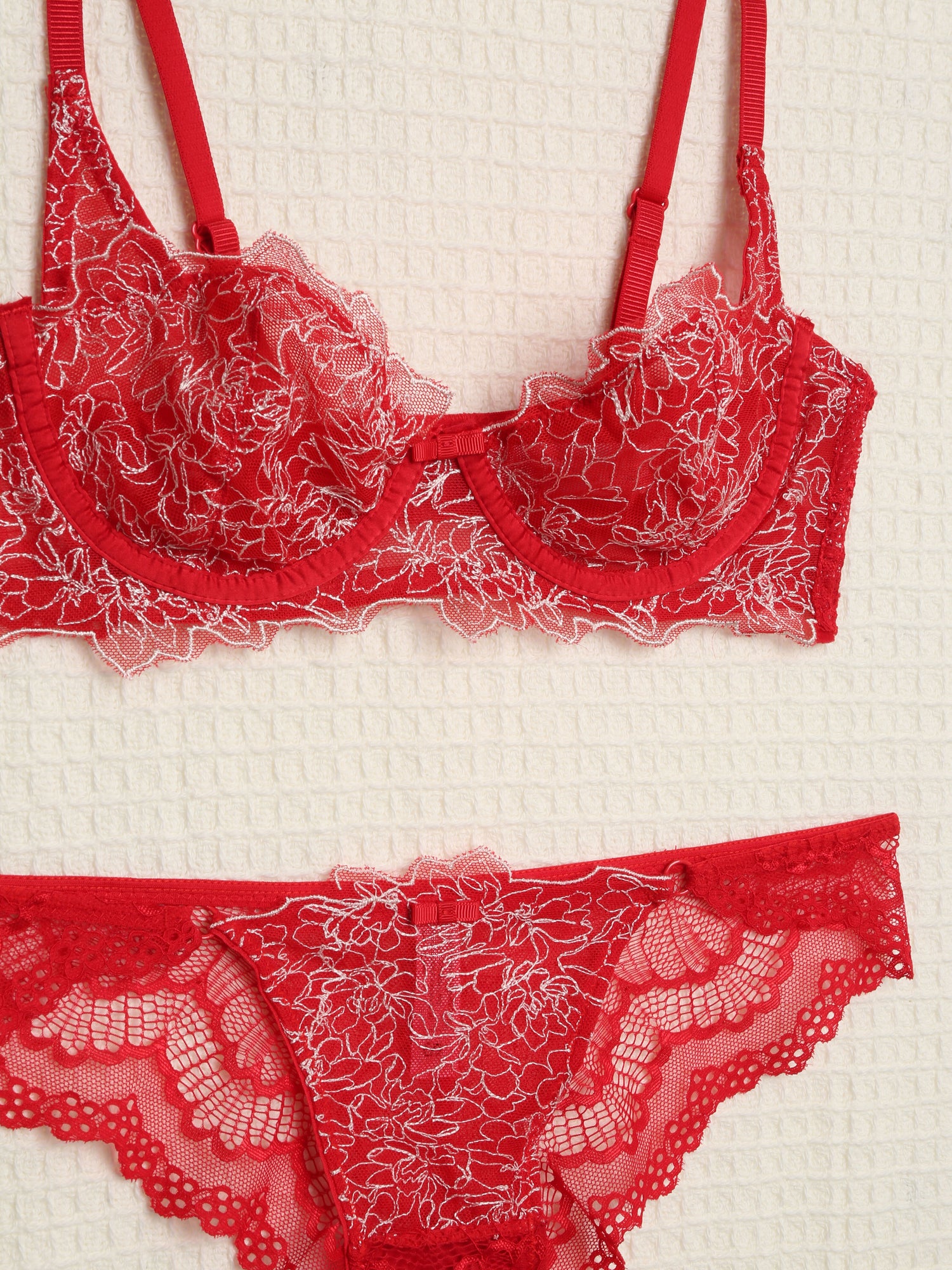 Ensemble en dentelle contrastant - Rouge - 3