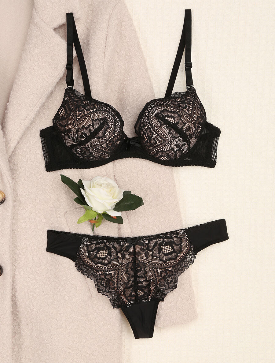 Ensemble en dentelle et tulle à liens - Noir/nude - 1