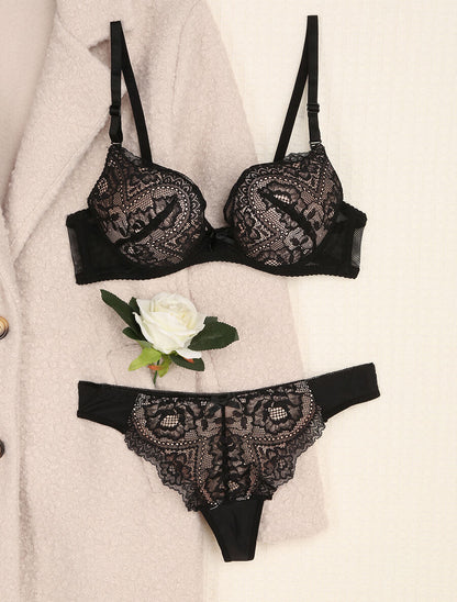 Ensemble en dentelle et tulle à liens - Noir/nude - 1