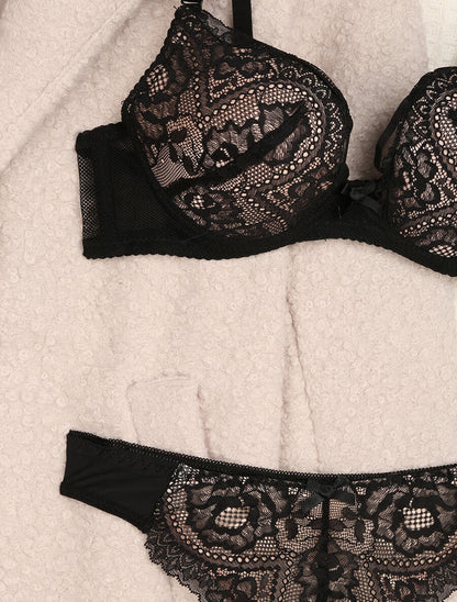 Ensemble en dentelle et tulle à liens - Noir/nude - 3