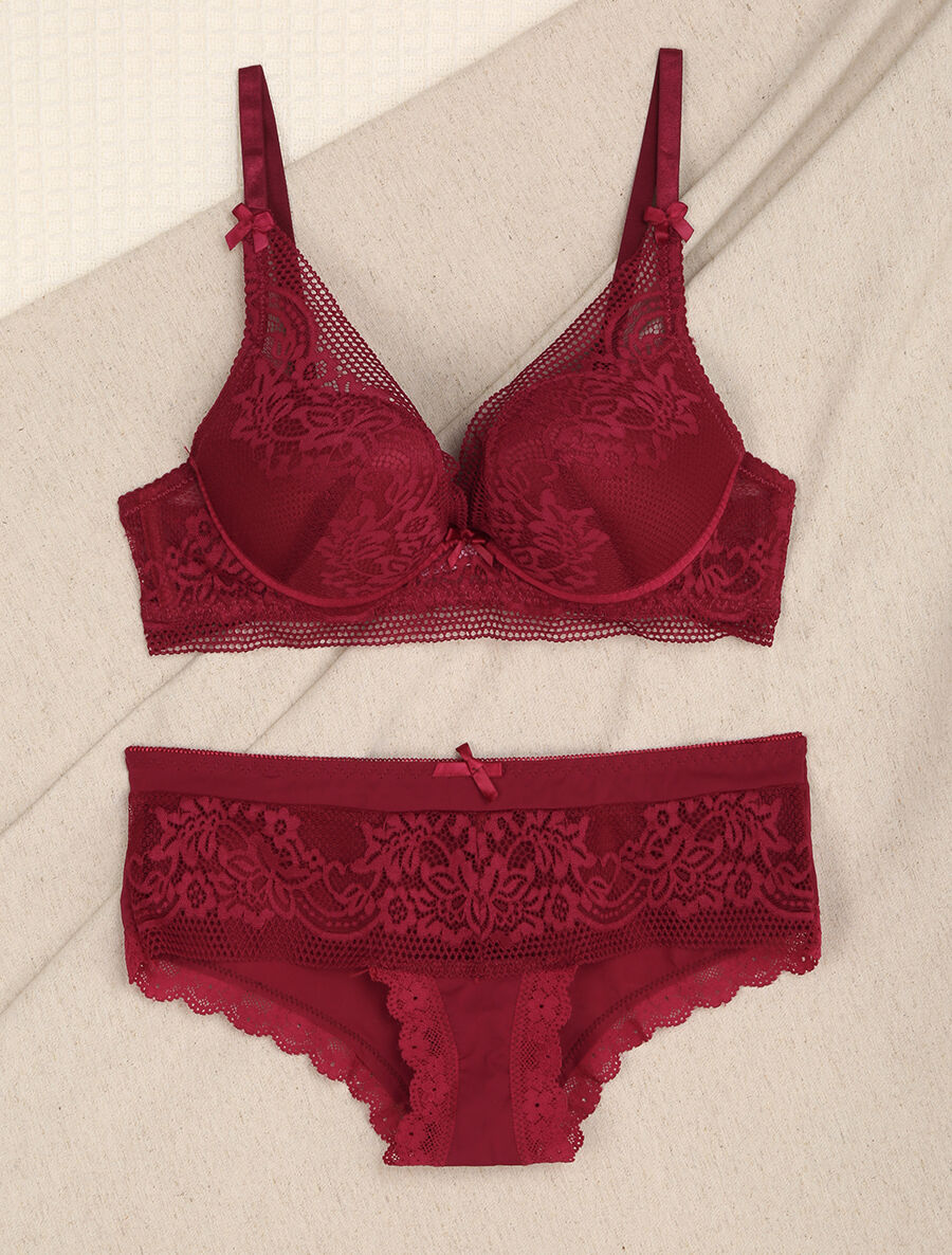 Ensemble en dentelle fleurie - Bordeaux - 4