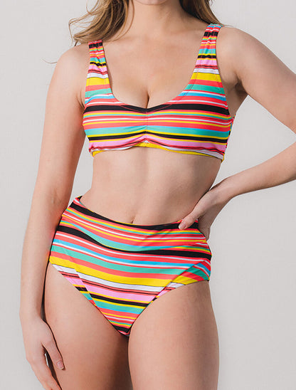 Bikini rayé à brassière et culotte montante - Orange - 5