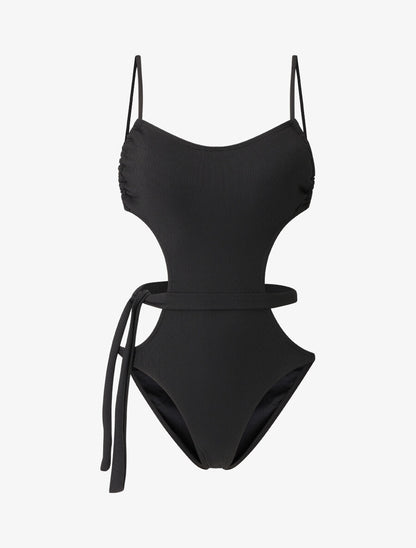 Maillot de bain échancré à lien décoratif - Noir - 1