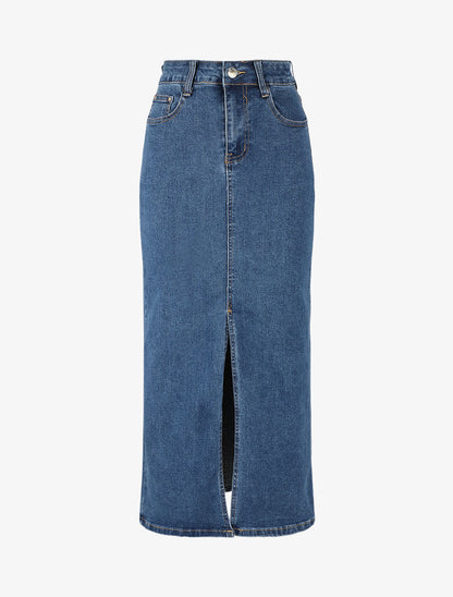 Jupe longue en jean coupe droite - Bleu denim - 1