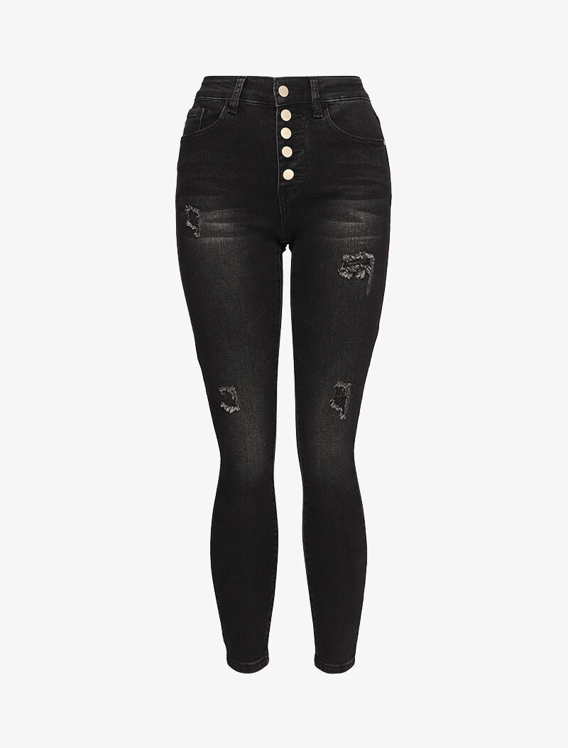 Jean skinny boutonné à taille haute et déchirures - Noir - 1