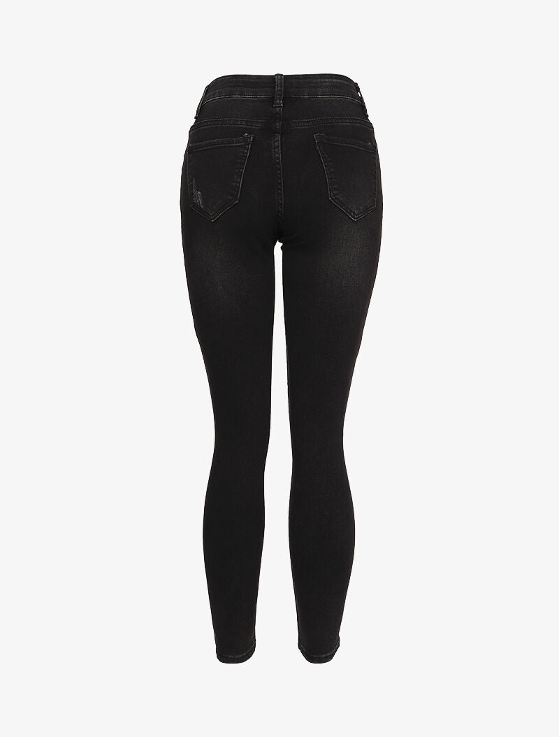 Jean skinny boutonné à taille haute et déchirures - Noir - 2