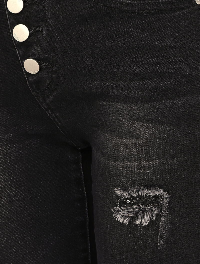 Jean skinny boutonné à taille haute et déchirures - Noir - 3