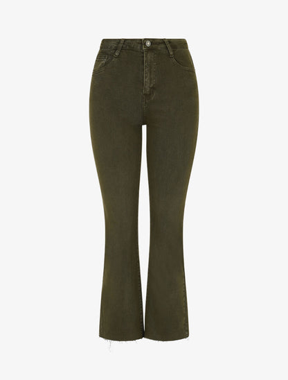 Jean à bords effilochés coupe flare - Kaki - 1