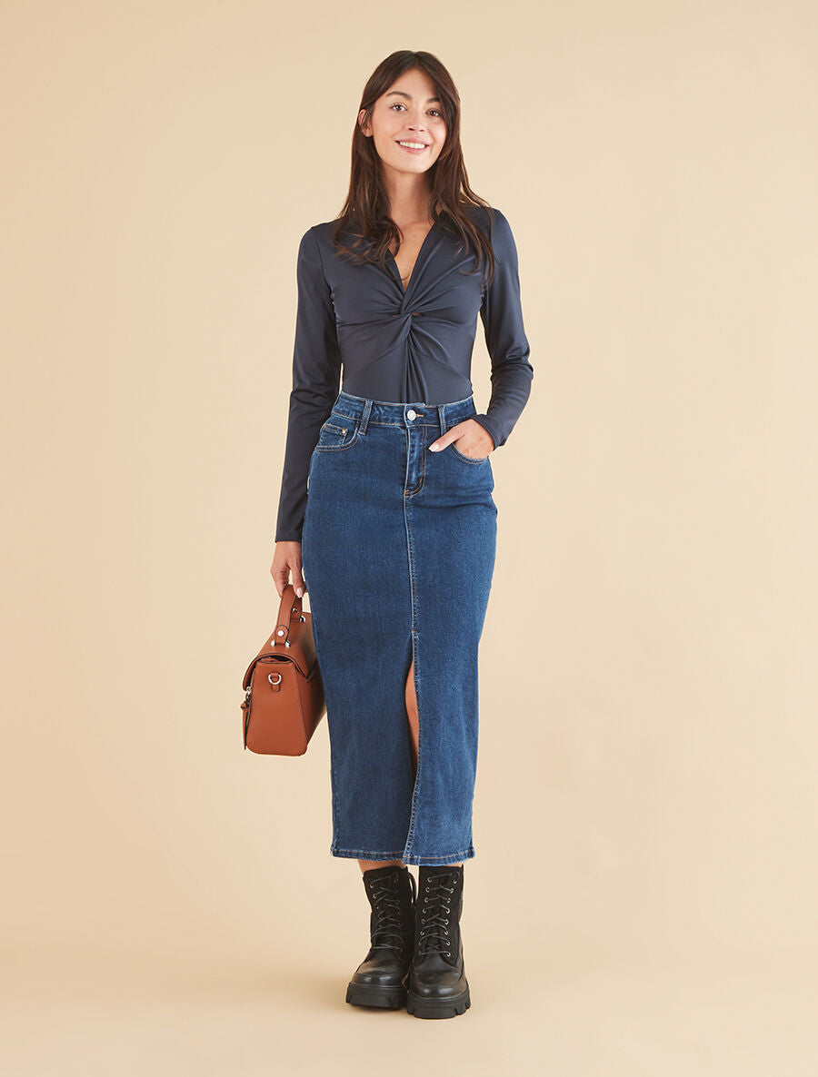 Jupe mi-longue fendue - Bleu - 4