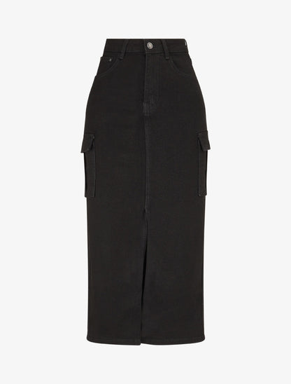 Jupe mi-longue cargo fendue - Noir - 1