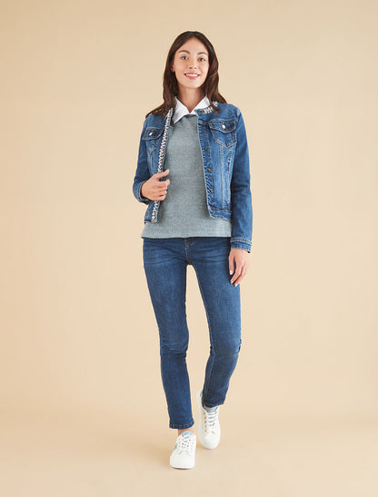 Veste en jean orné de perles et de strass - Bleu - 4