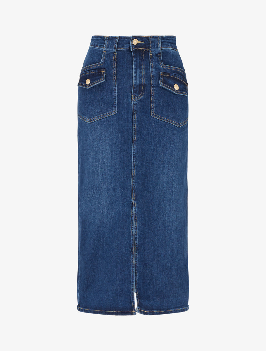 Jupe longue en jean à poches à rabat - Bleu denim - 1