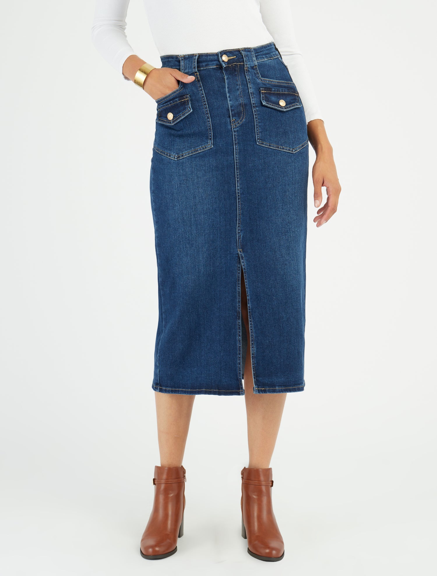 Gonna lunga in denim con tasche a patta - Blu denim