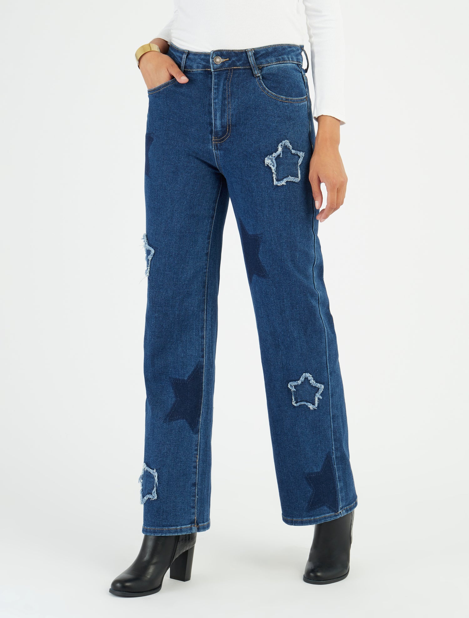 Jeans a vita alta motivo stella - Blu
