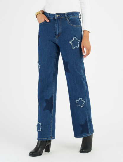 Jeans a vita alta motivo stella - Blu
