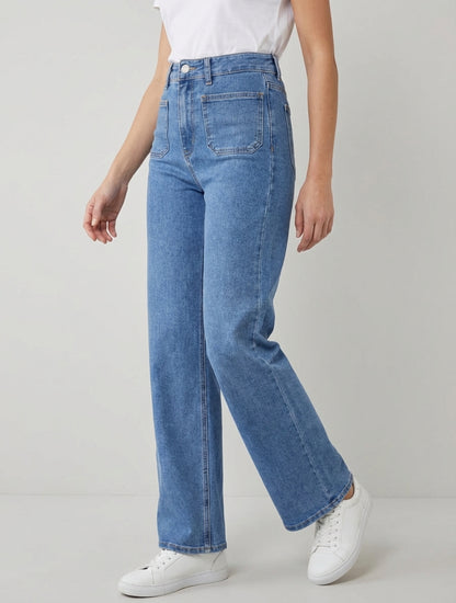 Jeans a gamba larga con tasche applicate - Blu