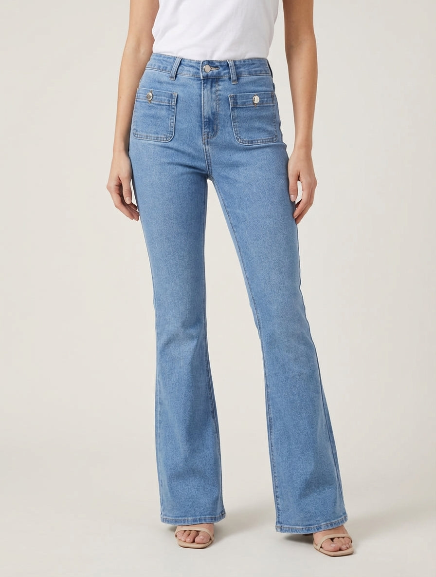 Jean a zampa larga con tasche con bottoni - Blu chiaro