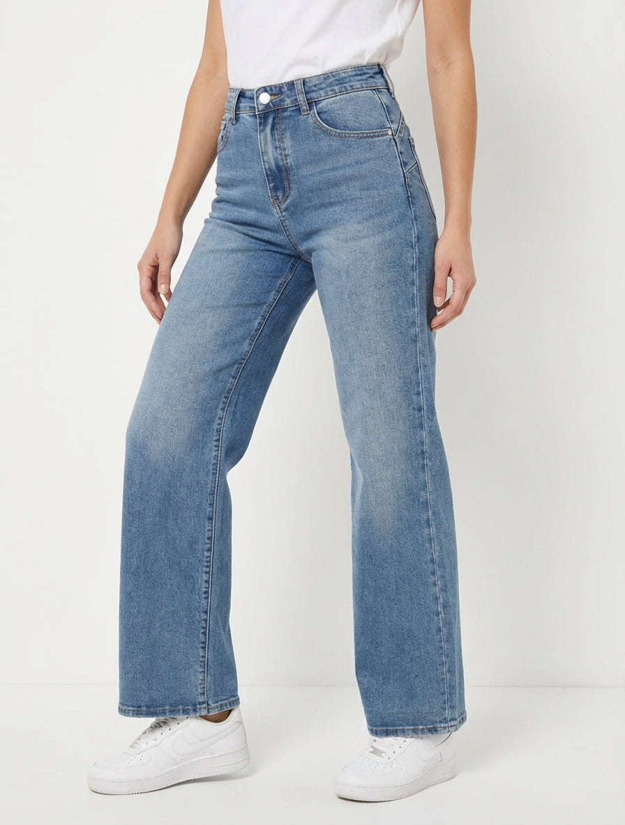 Jean délavé a taglio ampio - Blu